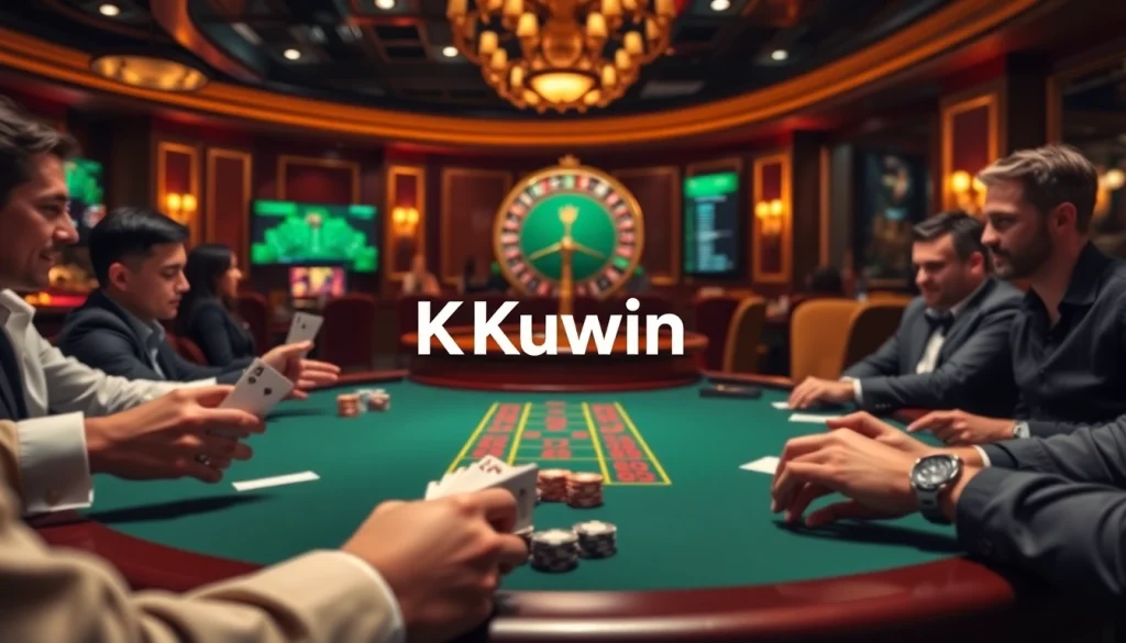 Kuwin players enjoying a thrilling game at a luxurious poker table in a vibrant casino.