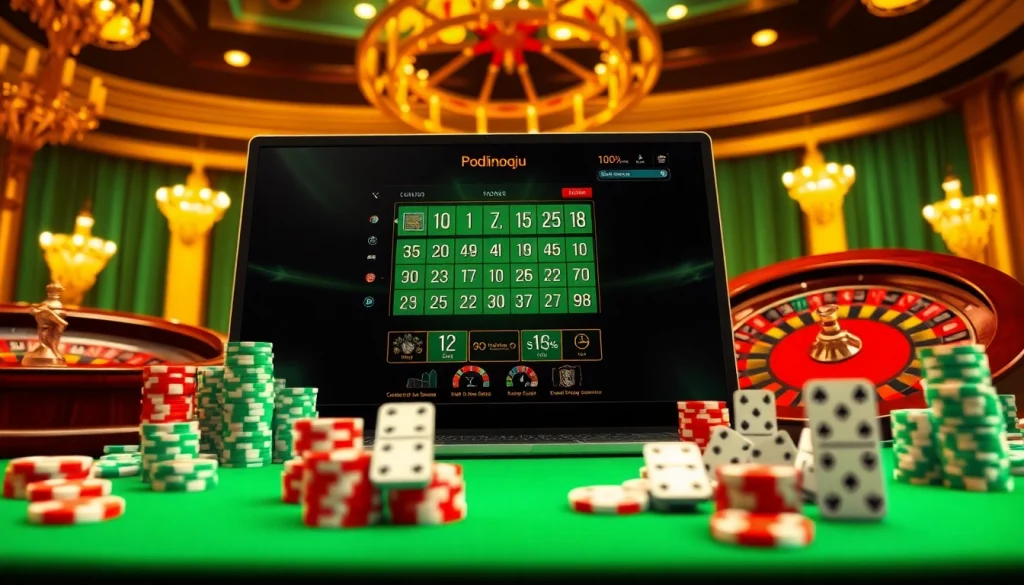 Experience thrilling gameplay at Dominoqiu with vibrant casino visuals featuring poker chips and online gaming action.