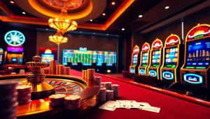 The excitement of online gambling at https://kuwinblog.com/ with a luxurious casino scene featuring roulette and poker.