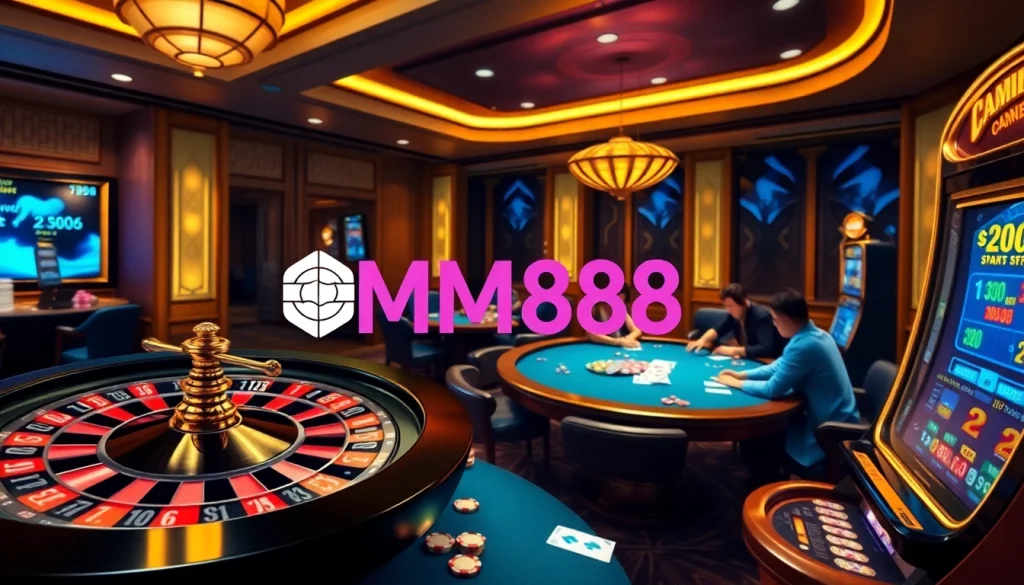 Engaging online poker gameplay at MM88 with a luxurious casino atmosphere and vibrant gaming elements.