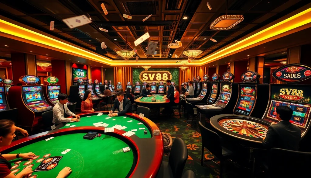 Engaged players enjoying thrilling games at SV88's glamorous online casino environment.