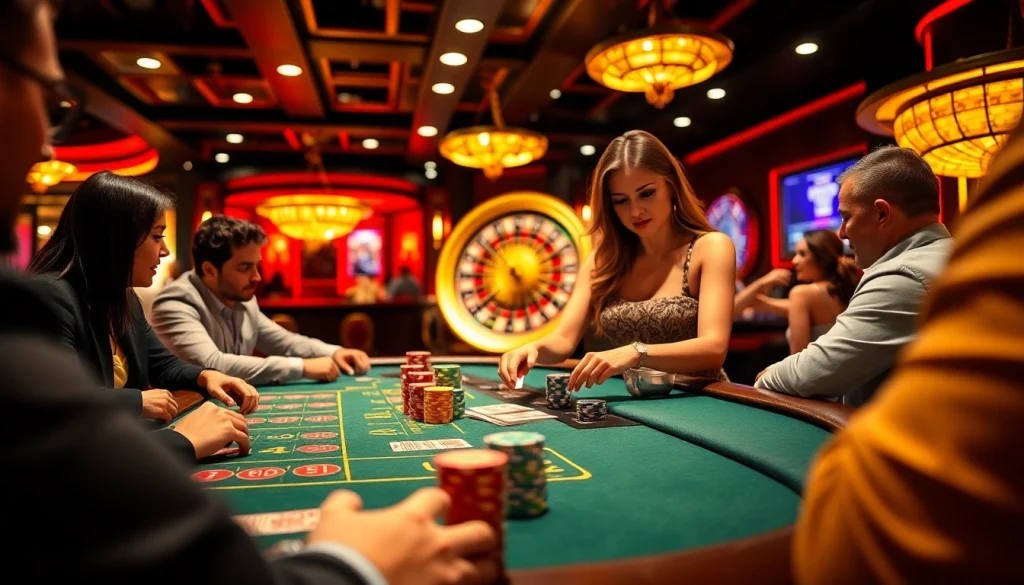 Experience thrilling gameplay at uu88 with a vibrant poker table scene surrounded by high-stakes action.