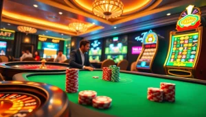 Action-packed casino scene showcasing poker game and roulette, highlighting casino en ligne fiable.