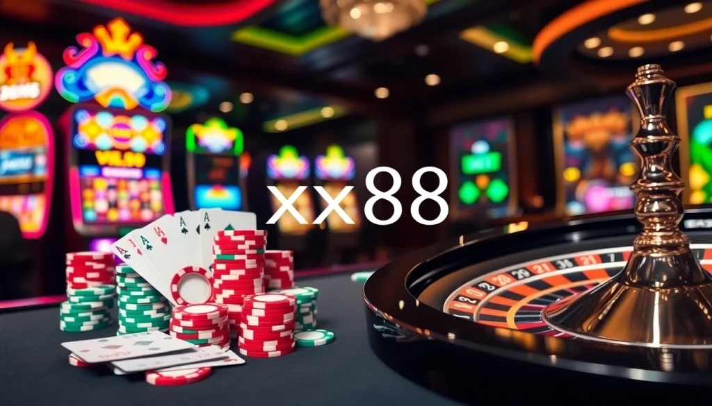 Engaged gamblers playing at a luxurious xx88 casino table with vibrant poker chips.