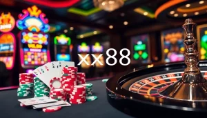 Engaged gamblers playing at a luxurious xx88 casino table with vibrant poker chips.