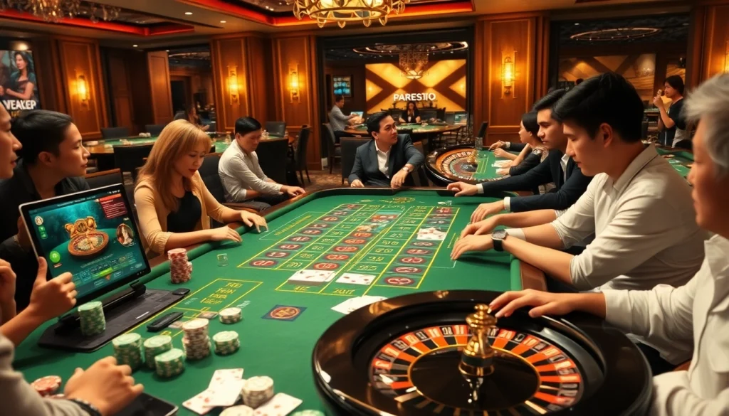 Excited gamblers strategizing at a glamorous casino setting with new88 branding prominently displayed.