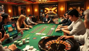 Excited gamblers strategizing at a glamorous casino setting with new88 branding prominently displayed.