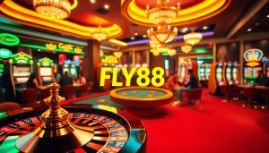 The FLY88 Link showcases an exciting casino scene with poker players and a spinning roulette wheel.