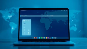 快连下载 app interface displayed on a laptop with a global network map, emphasizing security and speed.
