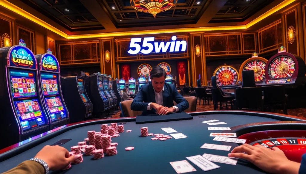 Enjoying a thrilling moment at the 55win casino with poker chips and vibrant games.