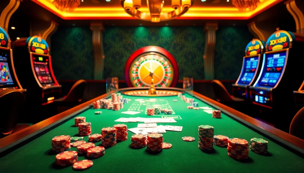 Experience exhilarating gameplay at xx88 casino with vibrant tables, cards, and roulette.