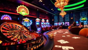 Exciting gk88 bet scene with lavish casino tables, vibrant slot machines, and roulette wheel.