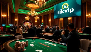 Experience the excitement of rikvip with players at a dynamic casino table.