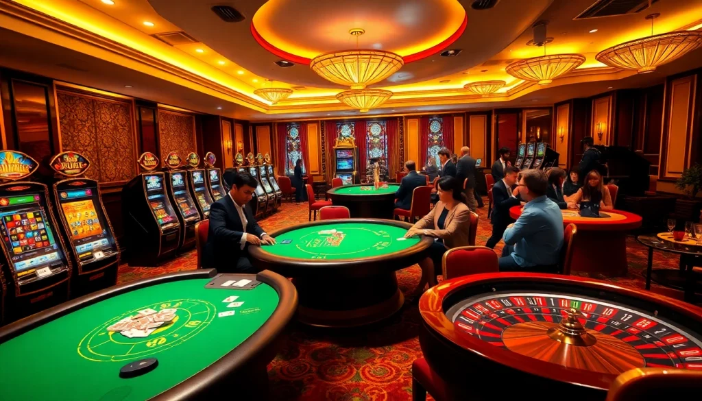 Exciting gaming action at xo88.quest, featuring poker tables and roulette wheels in a luxurious casino setting.