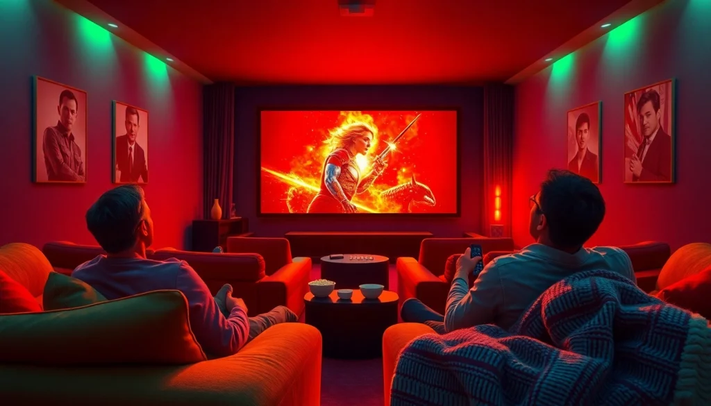 Home theater scene showcasing allmovieshub movie experience with cozy seating and vibrant film poster.