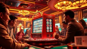 Engage in Mahjong Ways 2 slot gameplay amidst a vibrant casino setting, surrounded by players and excitement.