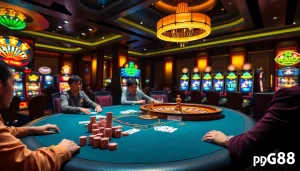 pg88 trang chủ showcases an exciting casino scene with poker games and vibrant slot machines.