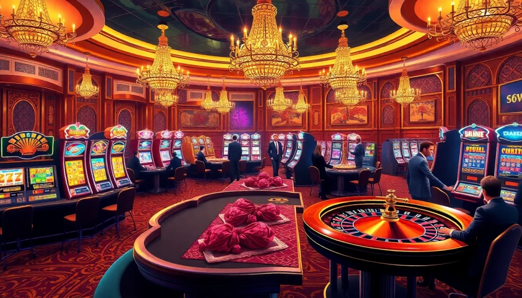 Experience the vibrant thrill of gambling at 56WIN Casino with players at poker and roulette tables.
