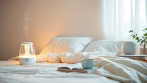 回復を促す快適な寝室。お茶と加湿器、落ち着いた雰囲気で“風邪を一晩で治す方法”を強調。