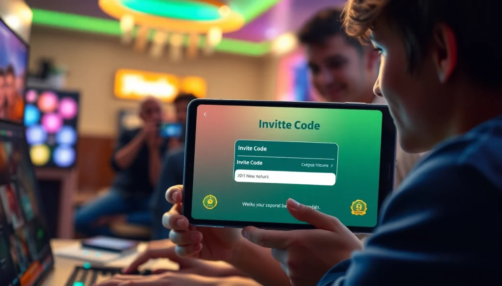デジタルデバイスでオリパワン招待コードを使用するユーザーを描いた、周囲にゲーム要素が広がる明るく魅力的な画像。