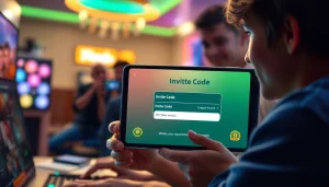 デジタルデバイスでオリパワン招待コードを使用するユーザーを描いた、周囲にゲーム要素が広がる明るく魅力的な画像。