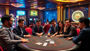 SX88 casino scene with gamblers at a luxurious blackjack table, vibrant slot machines in the background.
