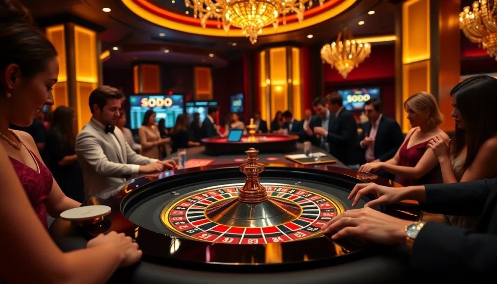 SODO casino scene showcasing a luxurious roulette table with players engaged in high-stakes betting.