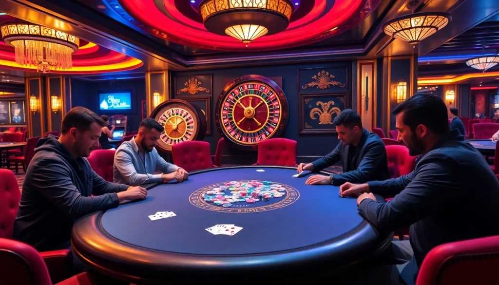 Engaged players strategizing at a HITCLUB poker table in a luxurious casino setting.