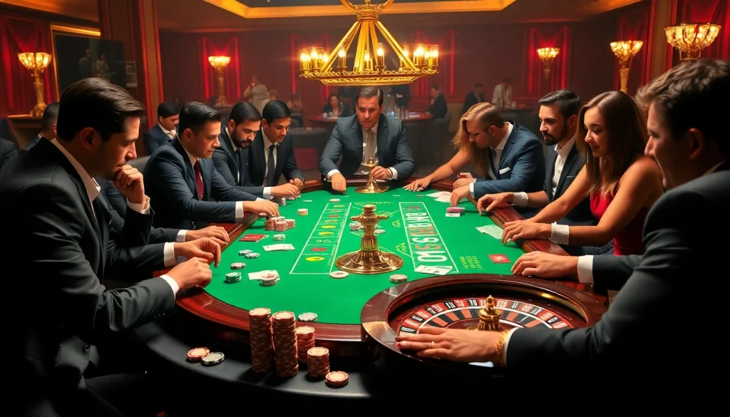 Intense players strategizing amidst vibrant i9bet poker chips and luxurious casino decor.