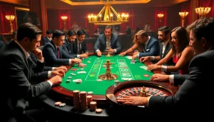 Intense players strategizing amidst vibrant i9bet poker chips and luxurious casino decor.