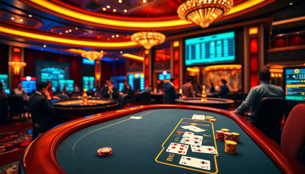 Engage in high-stakes gambling at 69VN, featuring poker tables, roulette wheels, and vibrant betting interfaces.