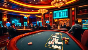 Engage in high-stakes gambling at 69VN, featuring poker tables, roulette wheels, and vibrant betting interfaces.