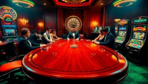 An immersive casino atmosphere showcasing i9bet with poker tables, slot machines, and roulette wheels, evoking excitement.