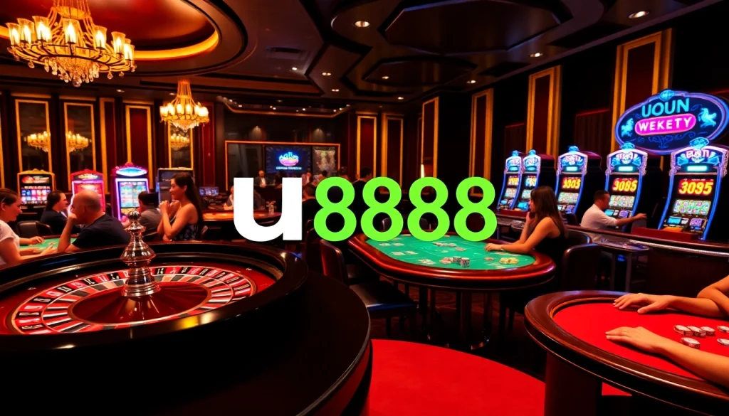 U888's vibrant casino setting showcasing players at poker tables and roulette wheels.