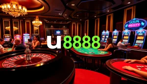 U888's vibrant casino setting showcasing players at poker tables and roulette wheels.