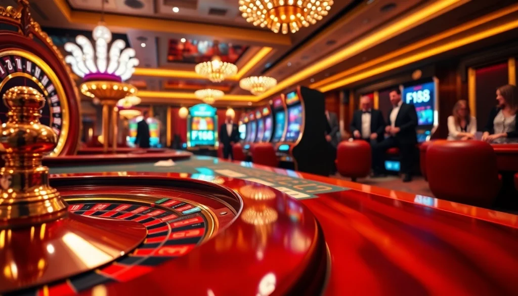 Win big at F168 with an exciting roulette wheel and colorful poker chips.