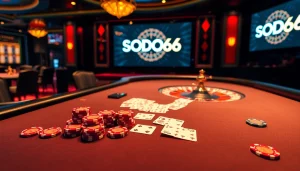 SODO66 players enjoying a thrilling poker game at a luxurious casino table with vibrant chips.