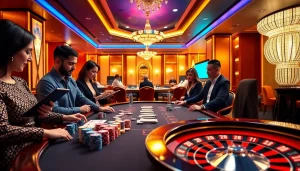 Players enjoy an exciting sbobet game at a professional poker table adorned with vibrant chips and cards.