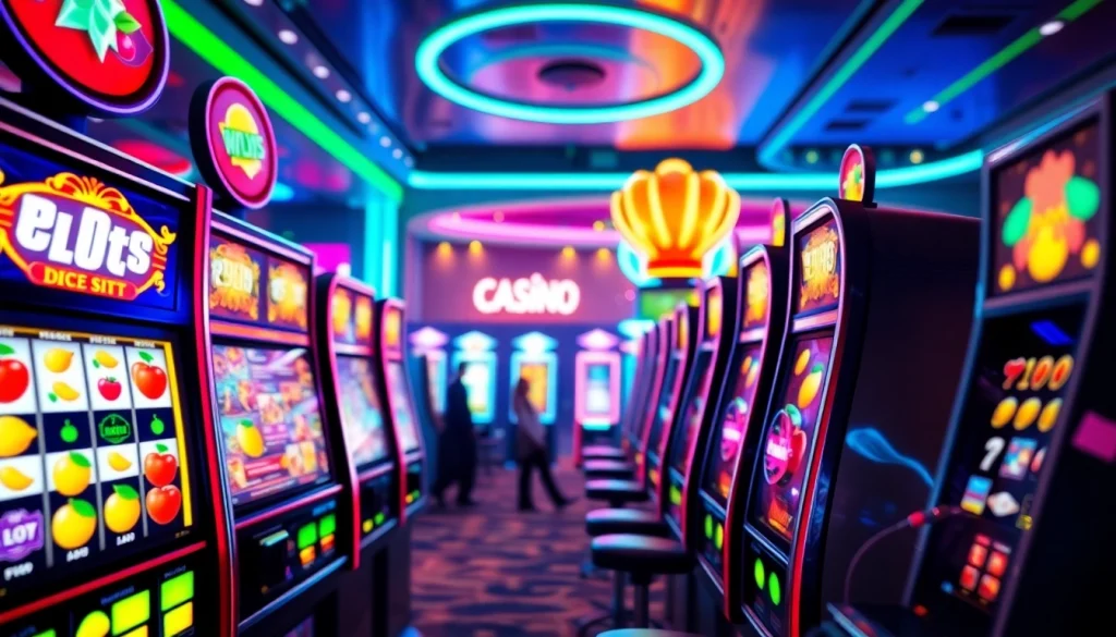 Tampilkan slot depo 1k dalam suasana kasino digital yang ceria dan penuh warna.