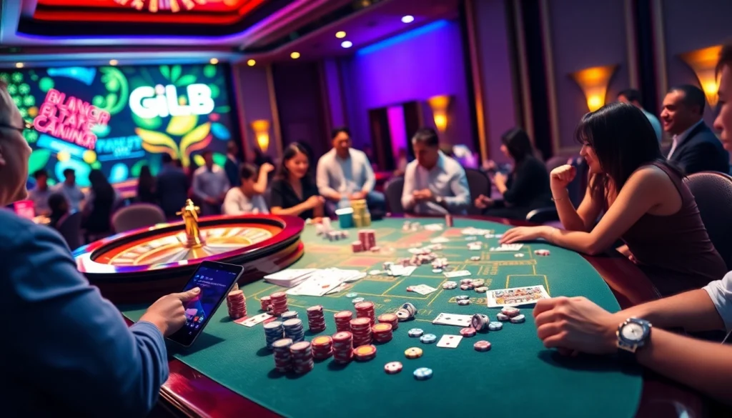 Engaging scene of gamblers at say88 nhà cái with casino games and vibrant atmosphere.