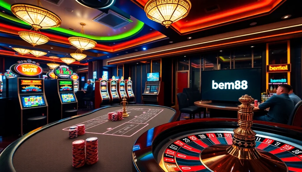 Engaging scene of bem88 casino with vibrant slot machines and strategic poker players.
