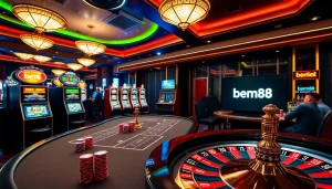 Engaging scene of bem88 casino with vibrant slot machines and strategic poker players.