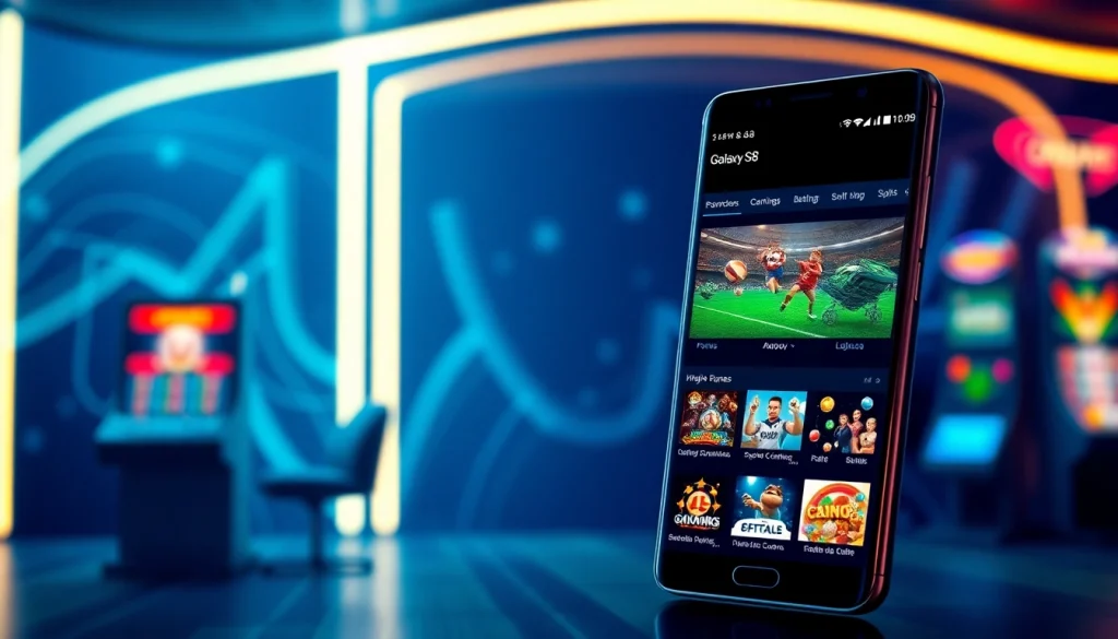 An engaging digital interface featuring online games and the Samsung Galaxy S8 smartphone, highlighting the thrill of gaming.