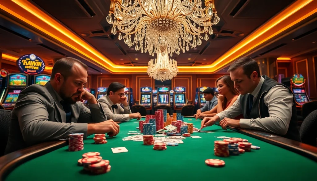 Haywin casino scene with poker players, colorful chips, and luxurious ambiance.