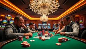 Haywin casino scene with poker players, colorful chips, and luxurious ambiance.