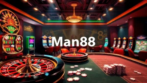 Engaging gameplay experience at Man88 with vibrant casino tables and thrilling roulette wheels.