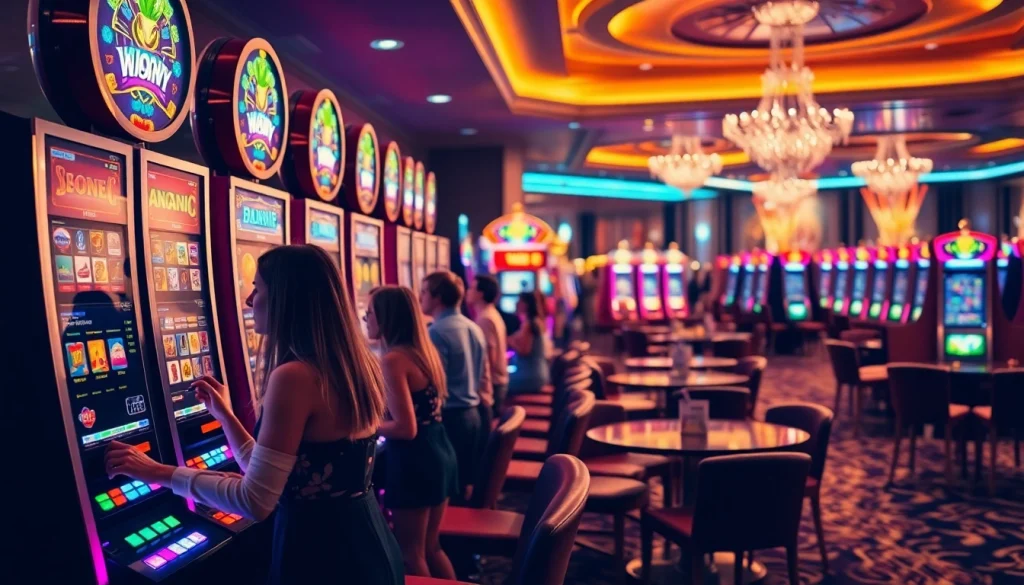 Players enjoying the excitement of idn slot machines in a lavish casino environment.
