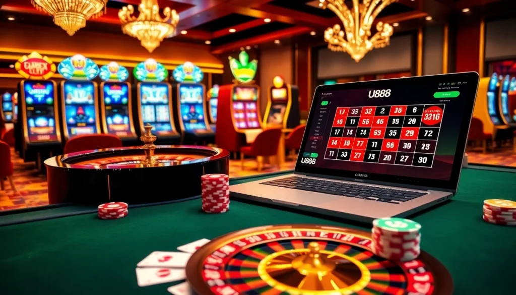 Gambling action at U888's vibrant casino table featuring cards, chips, and roulette wheel.
