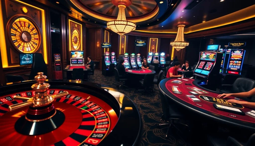 A vibrant casino gaming scene featuring roulette, slots, and players enjoying https://okwin68.net/ online gaming.