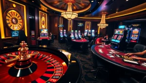 A vibrant casino gaming scene featuring roulette, slots, and players enjoying https://okwin68.net/ online gaming.